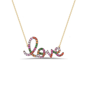 Multicolor Love Script Pendant  -14k gold 2.78 grams  -58 multi-color pave-set gemstone .74 carats