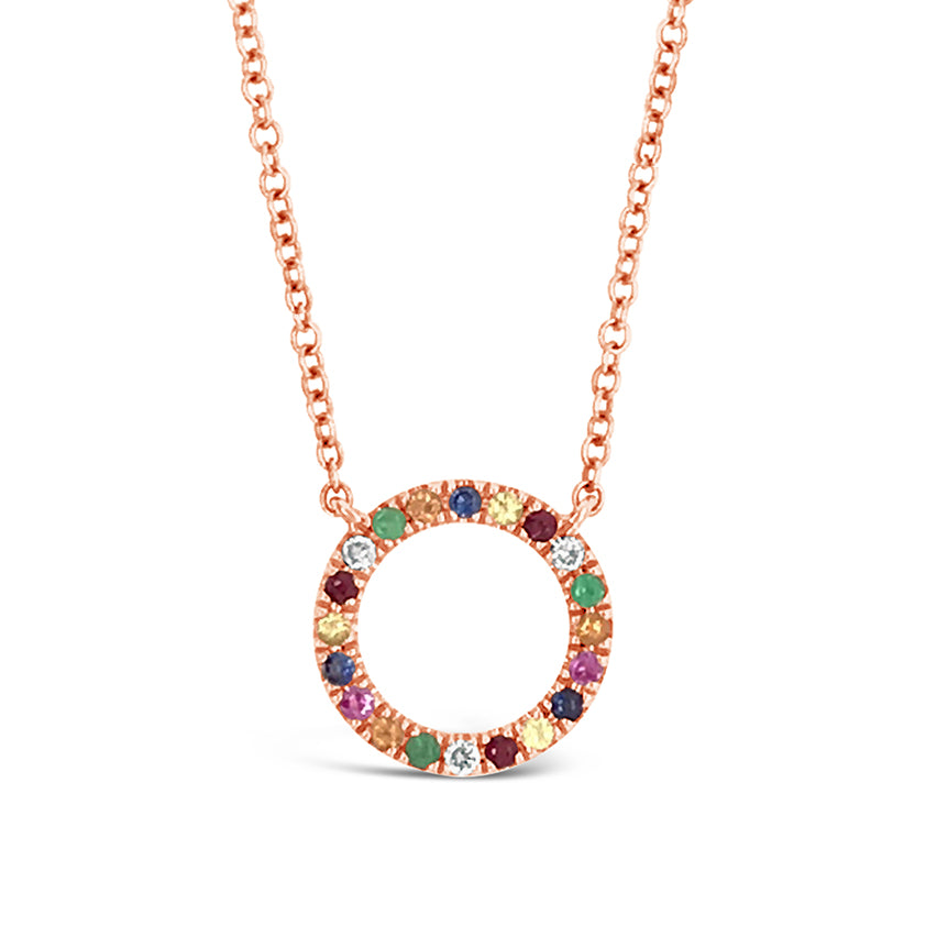 Mini Rainbow Open Circle Pendant  -14k gold weighing 1.72 grams  -3 round diamonds weighing .02 carats  -17 multicolor gemstones weighing .13 carats