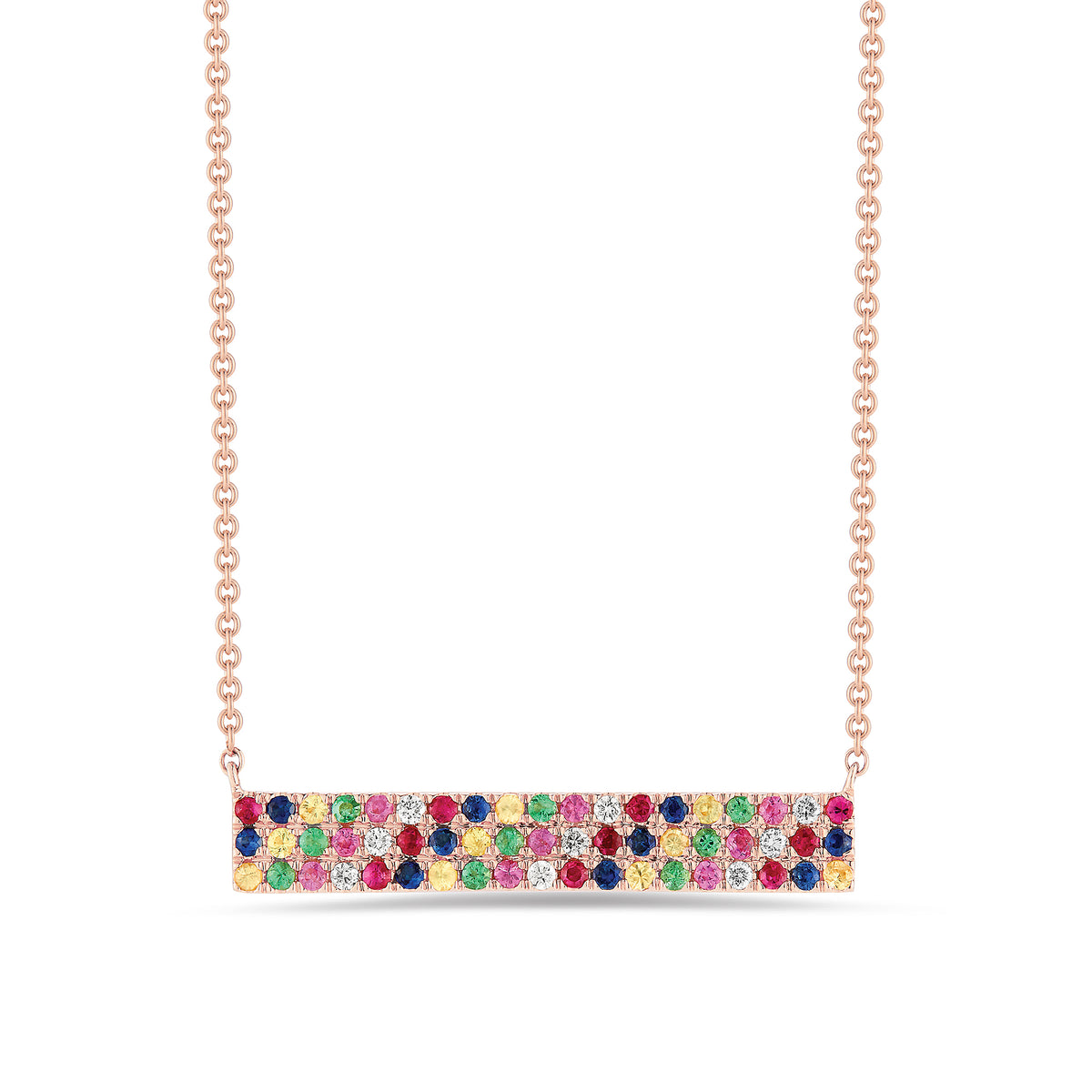 Diamond & Rainbow Gemstone Bar Necklace 14k rose gold, 2.29 grams, 9 round prong-set diamonds .06 carats, 48 multi-color prong-set gemstones .37 carats. Size 9 millimeters width, 26 millimeters length.