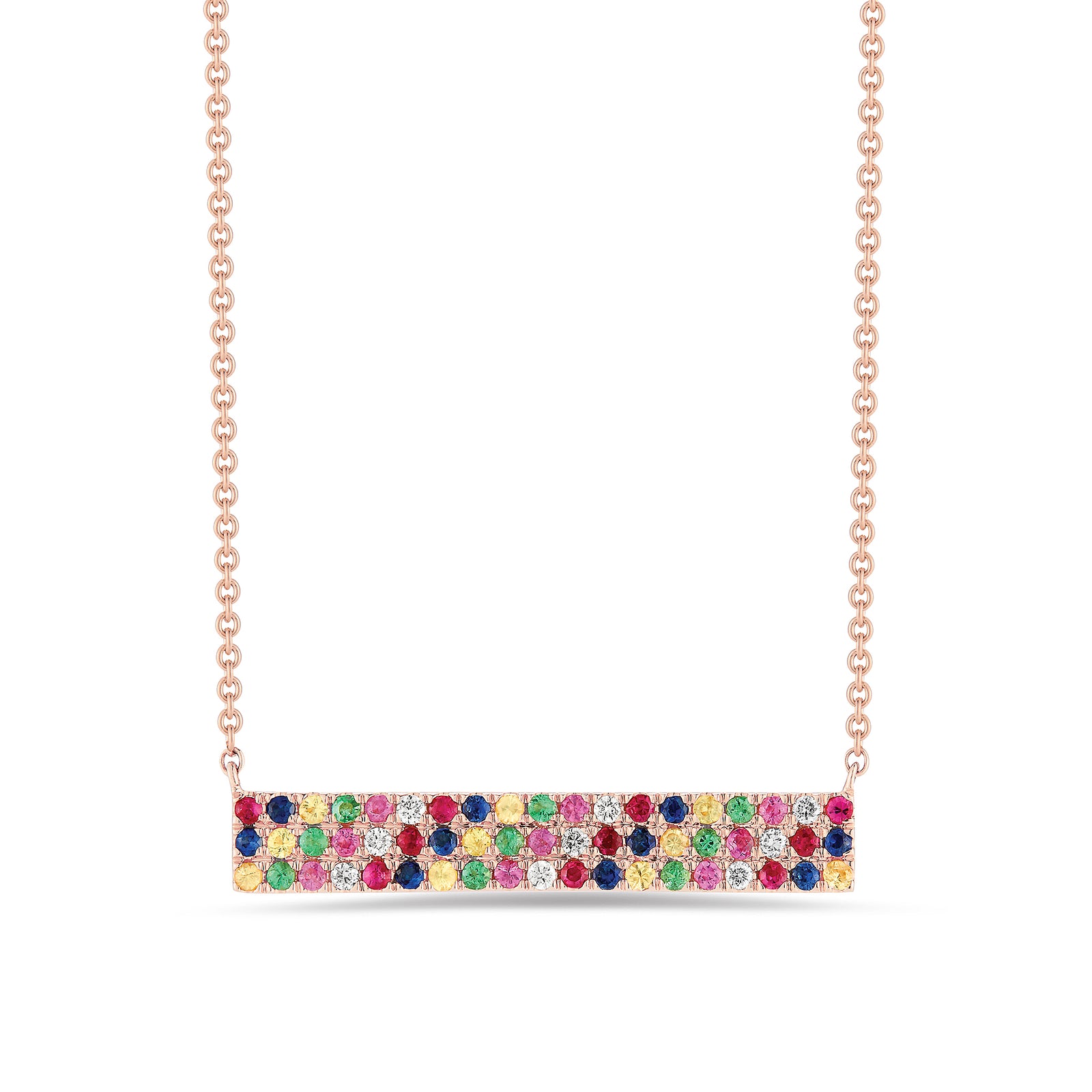 Diamond & Rainbow Gemstone Bar Necklace 14k yellow gold, 2.29 grams, 9 round prong-set diamonds .06 carats, 48 multi-color prong-set gemstones .37 carats. Size 9 millimeters width, 26 millimeters length.