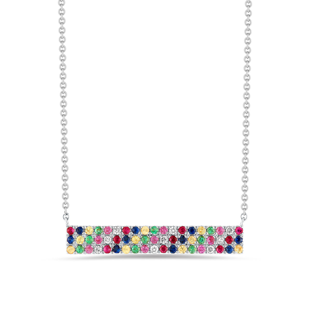 Diamond & Rainbow Gemstone Bar Necklace 14k white gold, 2.29 grams, 9 round prong-set diamonds .06 carats, 48 multi-color prong-set gemstones .37 carats. Size 9 millimeters width, 26 millimeters length.