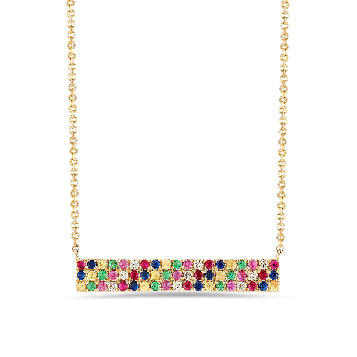 Diamond & Rainbow Gemstone Bar Necklace 14k yellow gold, 2.29 grams, 9 round prong-set diamonds .06 carats, 48 multi-color prong-set gemstones .37 carats. Size 9 millimeters width, 26 millimeters length.