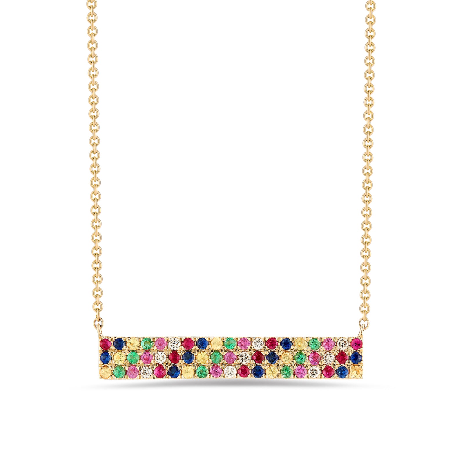 Diamond & Rainbow Gemstone Bar Necklace 14k yellow gold, 2.29 grams, 9 round prong-set diamonds .06 carats, 48 multi-color prong-set gemstones .37 carats. Size 9 millimeters width, 26 millimeters length.