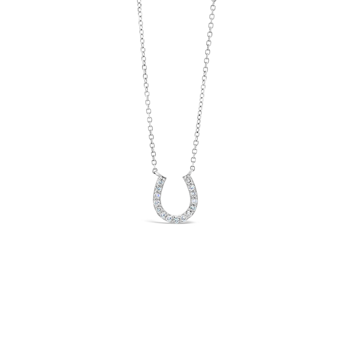 Diamond Horseshoe Pendant Necklace  -14K white gold weighing 1.8 grams  -15 round diamonds totaling 0.15 carats   -adjustable 16"-18" chain