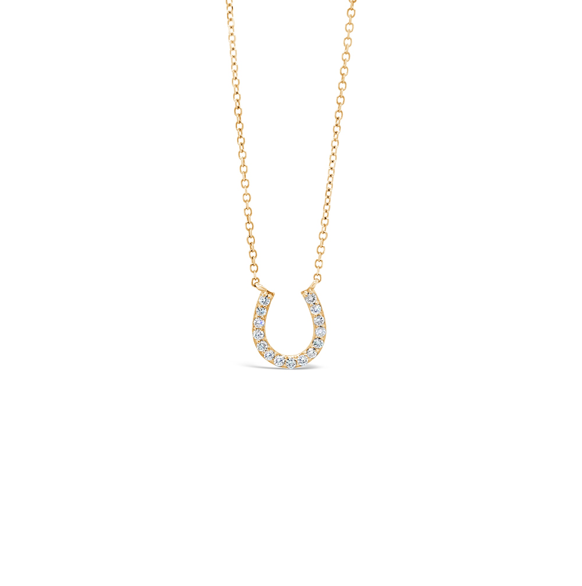 Diamond Horseshoe Pendant Necklace  -14K yellow gold weighing 1.8 grams  -15 round diamonds totaling 0.15 carats   -adjustable 16"-18" chain