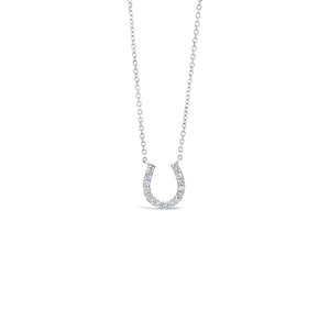 Diamond Horseshoe Pendant Necklace  -14K white gold weighing 1.8 grams  -15 round diamonds totaling 0.15 carats   -adjustable 16"-18" chain