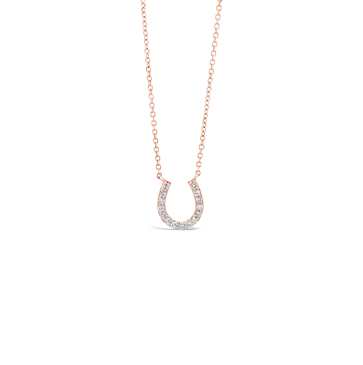 Diamond Horseshoe Pendant Necklace  -14K rose gold weighing 1.8 grams  -15 round diamonds totaling 0.15 carats   -adjustable 16"-18" chain
