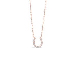 Diamond Horseshoe Pendant Necklace  -14K rose gold weighing 1.8 grams  -15 round diamonds totaling 0.15 carats   -adjustable 16"-18" chain