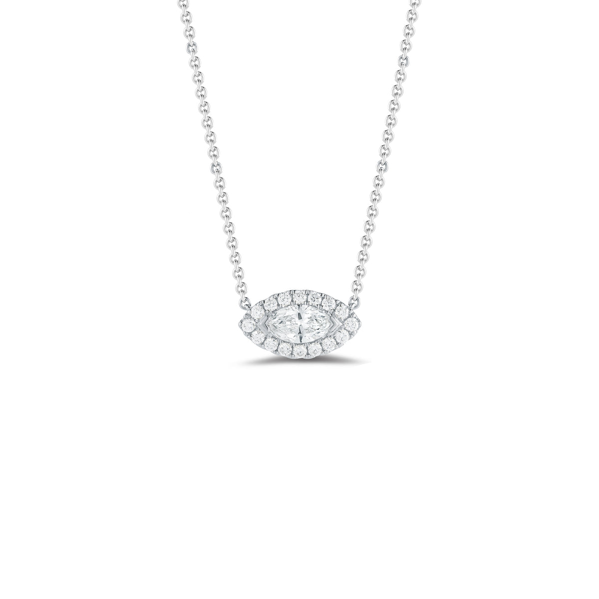 Diamond Halo Necklace for Marquise Solitaire  14k gold, 3.37 grams, 16 round shared prong-set diamonds .19 carats, 1 marquise prong set diamond weighing .60 carats.  Size length 13 millimeters, width 7 millimeters.  Stone size length 8 millimeters, width 4 millimeters.