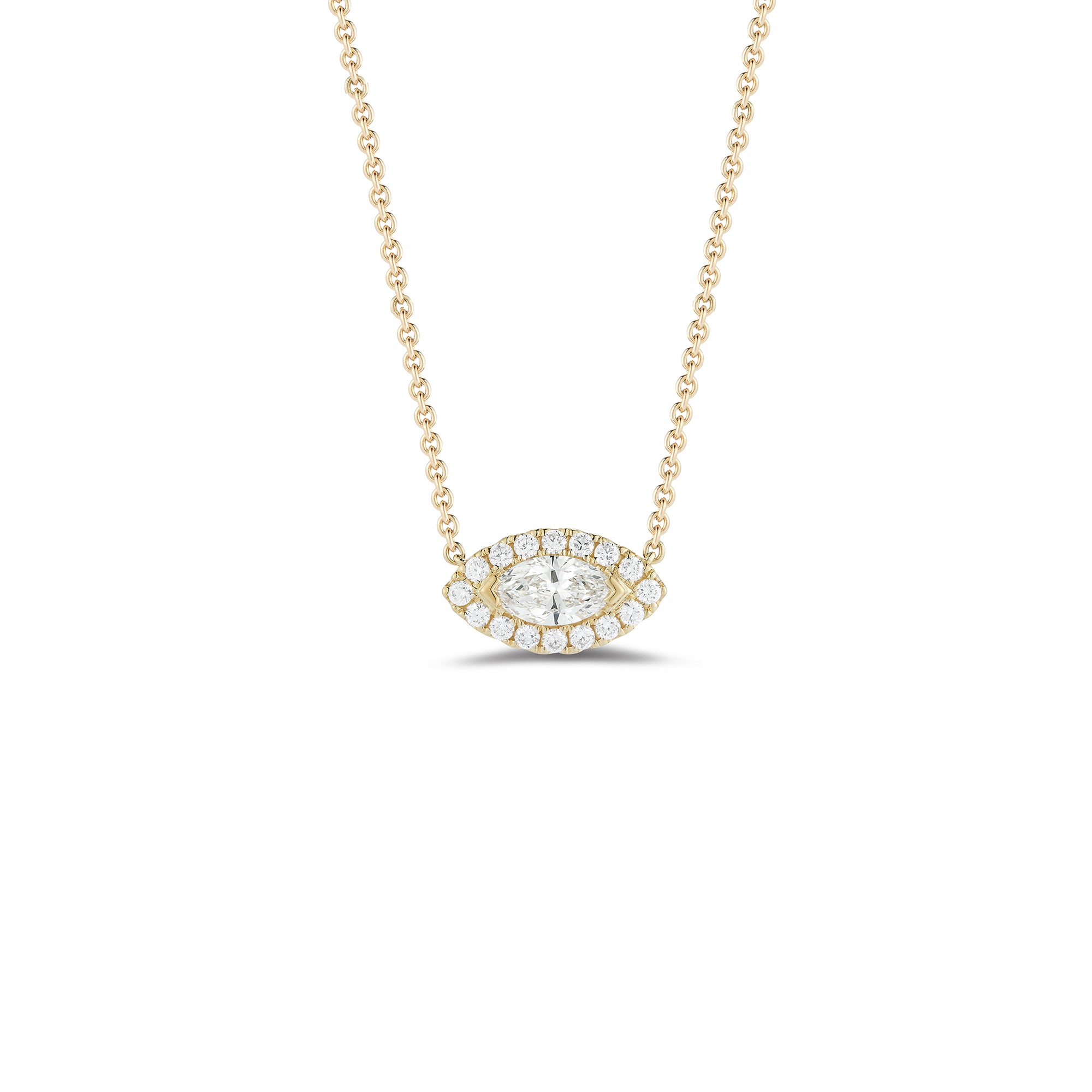 Diamond Halo Necklace for Marquise Solitaire  14k gold, 3.37 grams, 16 round shared prong-set diamonds .19 carats, 1 marquise prong set diamond weighing .60 carats.  Size length 13 millimeters, width 7 millimeters.  Stone size length 8 millimeters, width 4 millimeters.