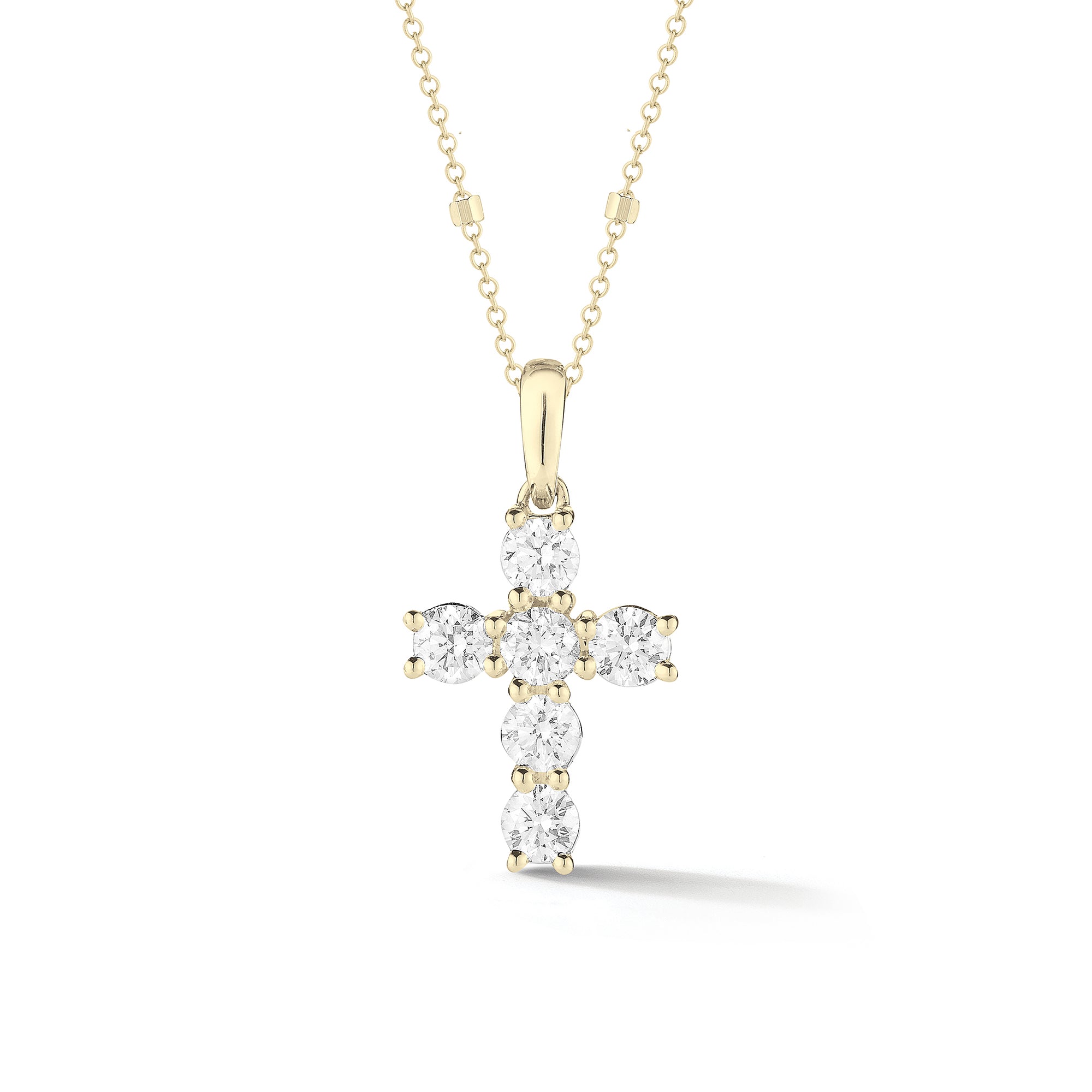 Mini Diamond Cross Pendant with Gold Accented Chain  -18K gold weighing 1.58 grams  -6 round shared prong-set brilliant diamonds totaling 0.87 carats