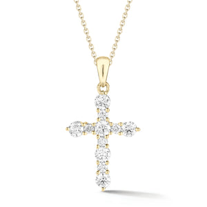 Diamond Cross Pendant Necklace  An ideal christening, communion, confirmation, birthday, or holiday gift!  -14K gold weighing 2.25 grams  -11 round shared prong-set brilliant-cut diamonds totaling 0.49 carats
