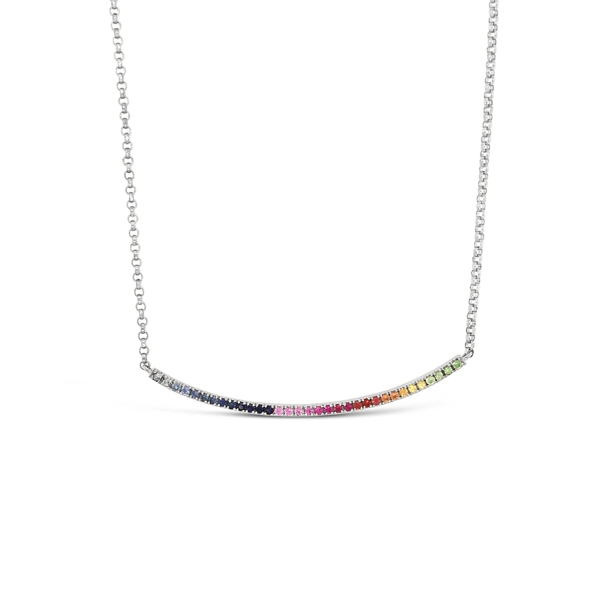 Rainbow Bar Necklace  -14k gold weighing 3.46 grams  -34 multi-color stones weighing .34 carats