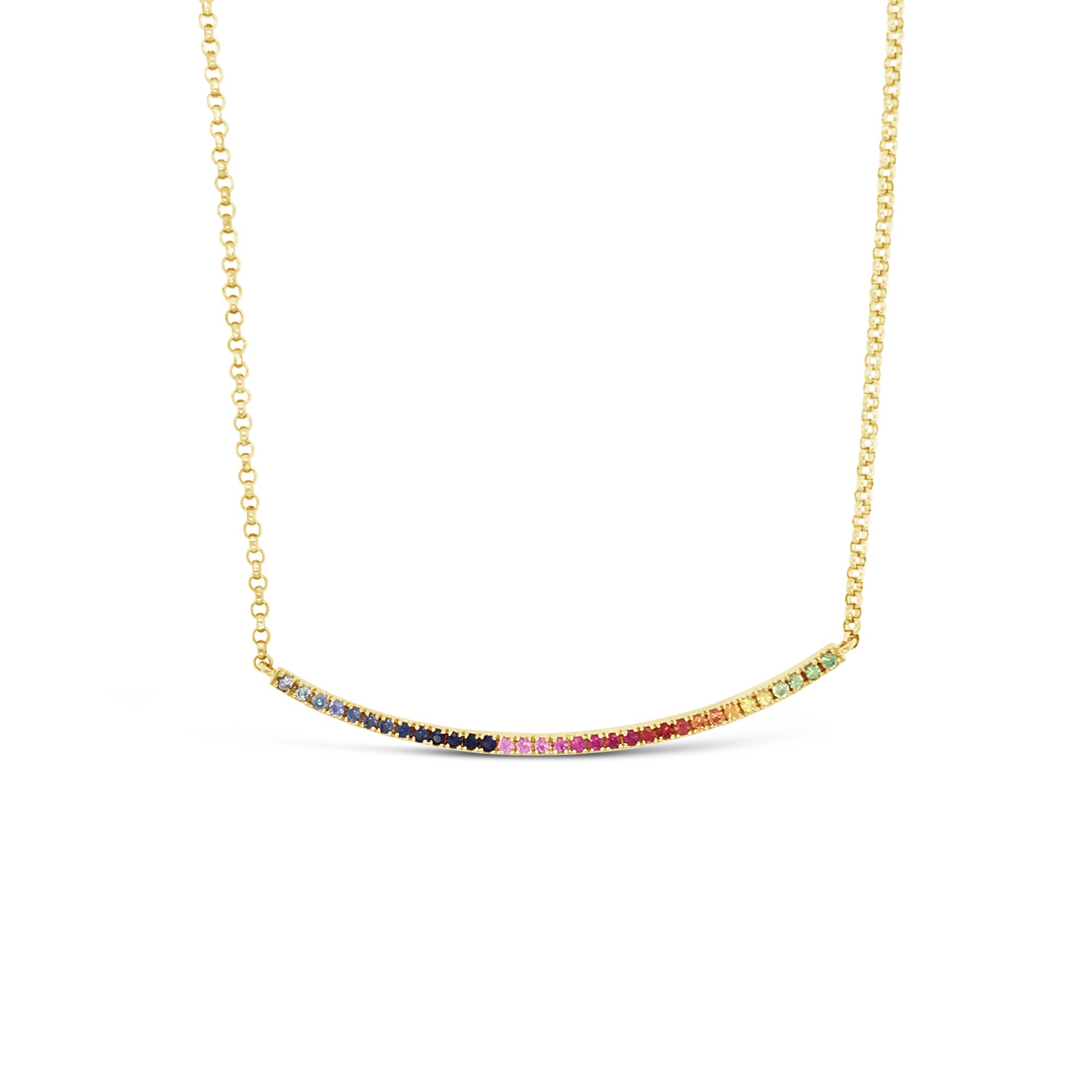 Rainbow Bar Necklace  -14k gold weighing 3.46 grams  -34 multi-color stones weighing .34 carats
