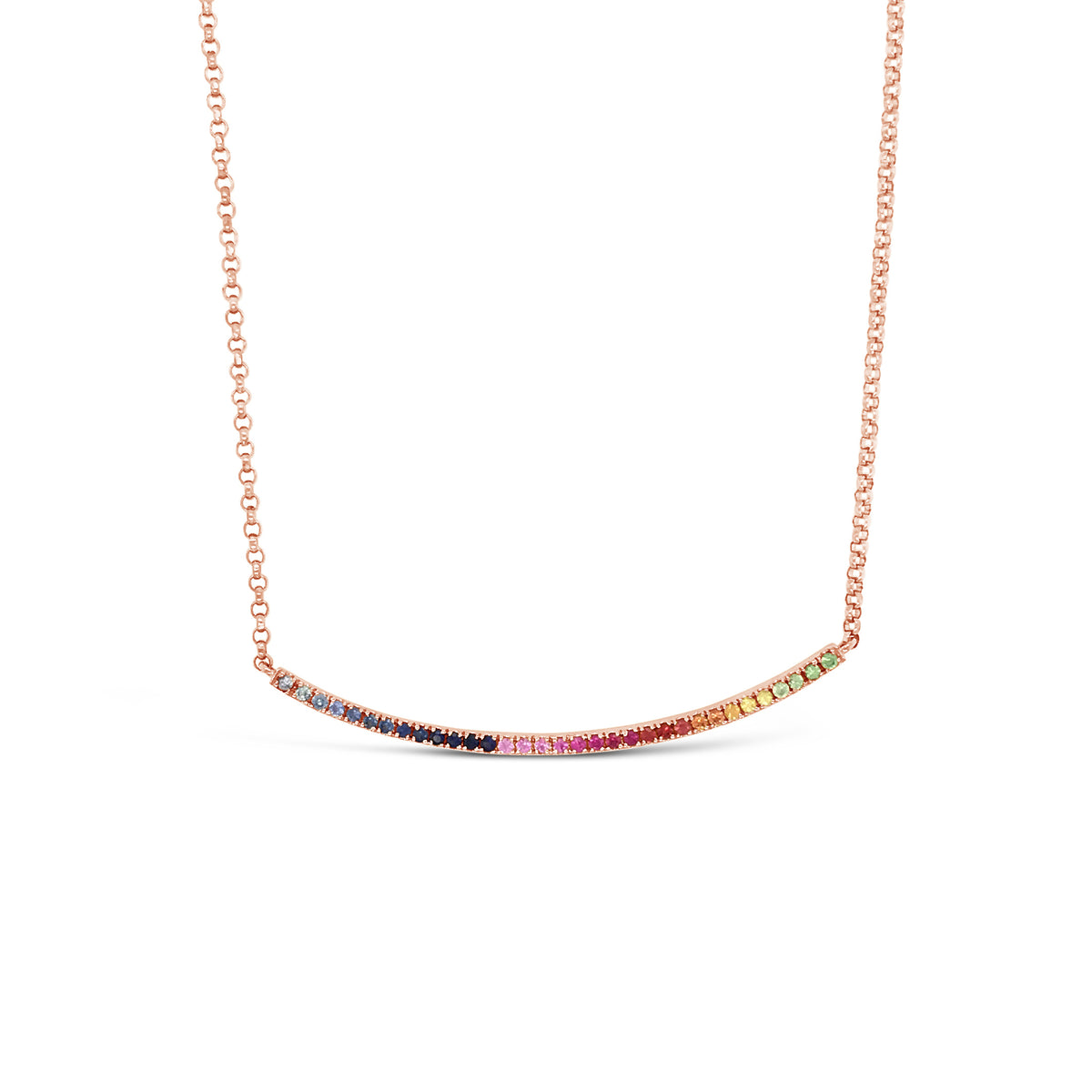 Rainbow Bar Necklace  -14k gold weighing 3.46 grams  -34 multi-color stones weighing .34 carats