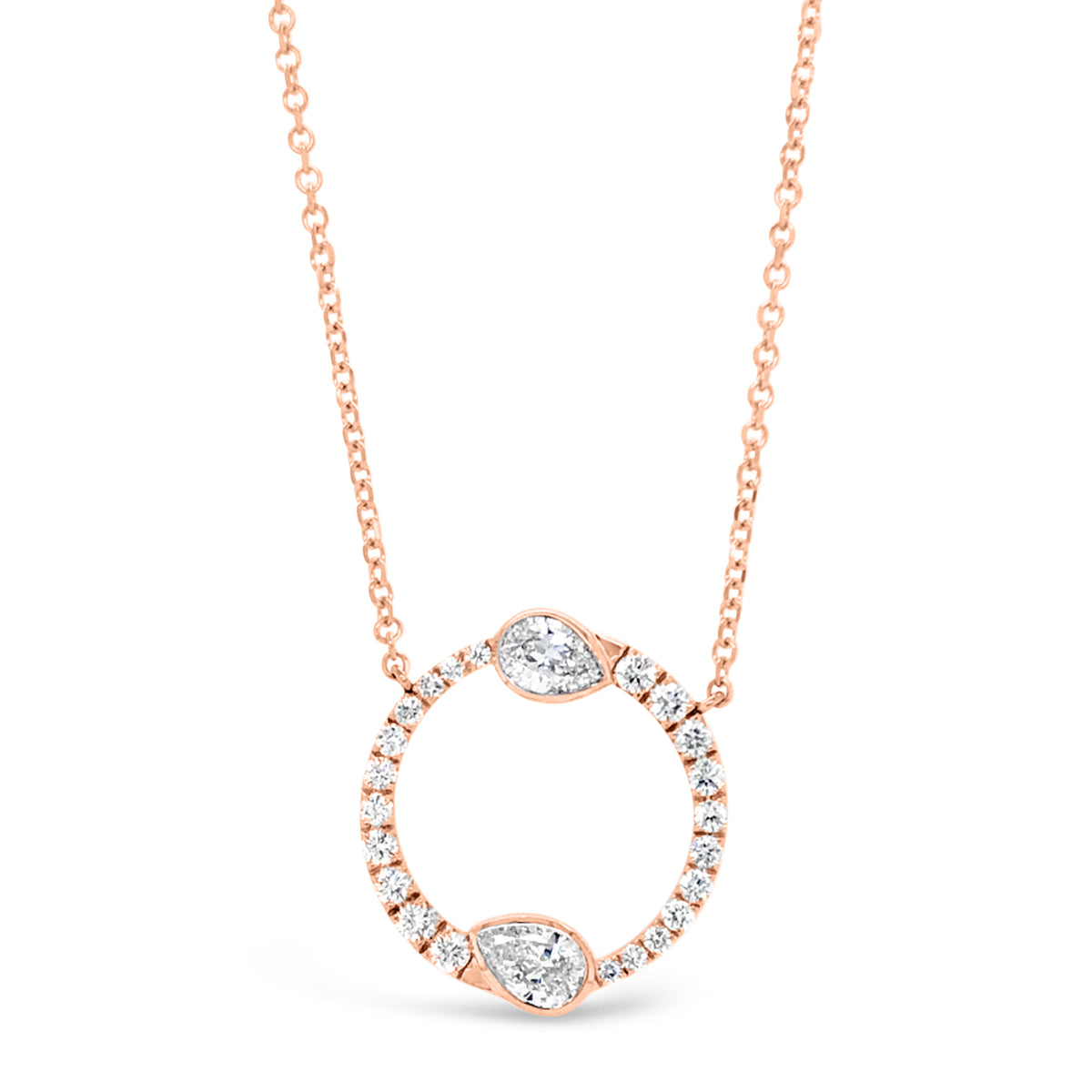 Round & Pear-Shaped Diamond Circle Pendant Necklace  -14K gold weighing 3.7 grams  -22 round diamonds totaling 0.43 carats  -2 pear-shaped diamonds totaling 0.58 carats