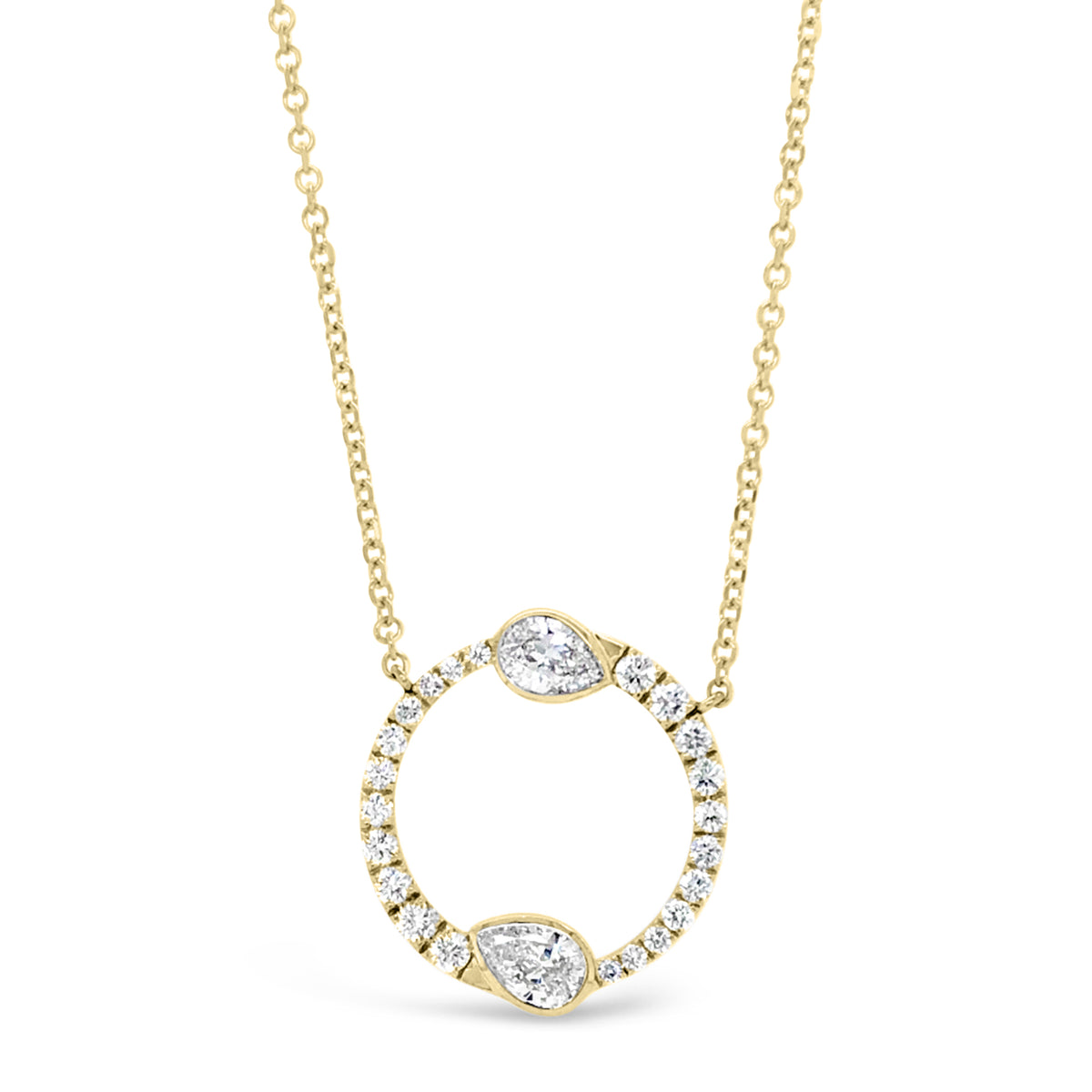Round & Pear-Shaped Diamond Circle Pendant Necklace  -14K gold weighing 3.7 grams  -22 round diamonds totaling 0.43 carats  -2 pear-shaped diamonds totaling 0.58 carats