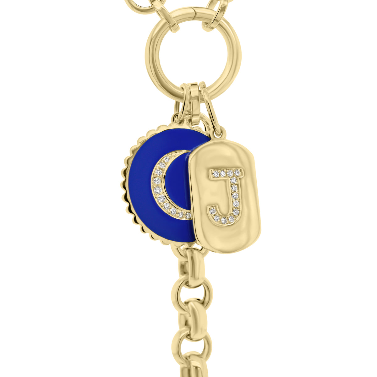 Diamond Initial Tag  - 14K gold weighing 1.95 grams  - 21 round diamonds totaling 0.05 carats