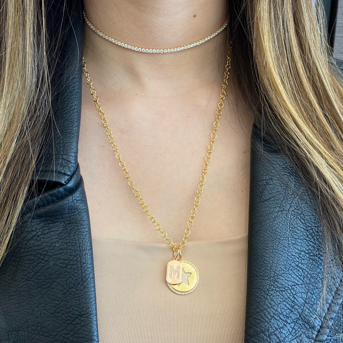 Female model wearing 3.41 CT Diamond Adjustable Tennis Choker - 14K gold weighing 8.54 grams - 78 round diamonds totaling 3.41 carats