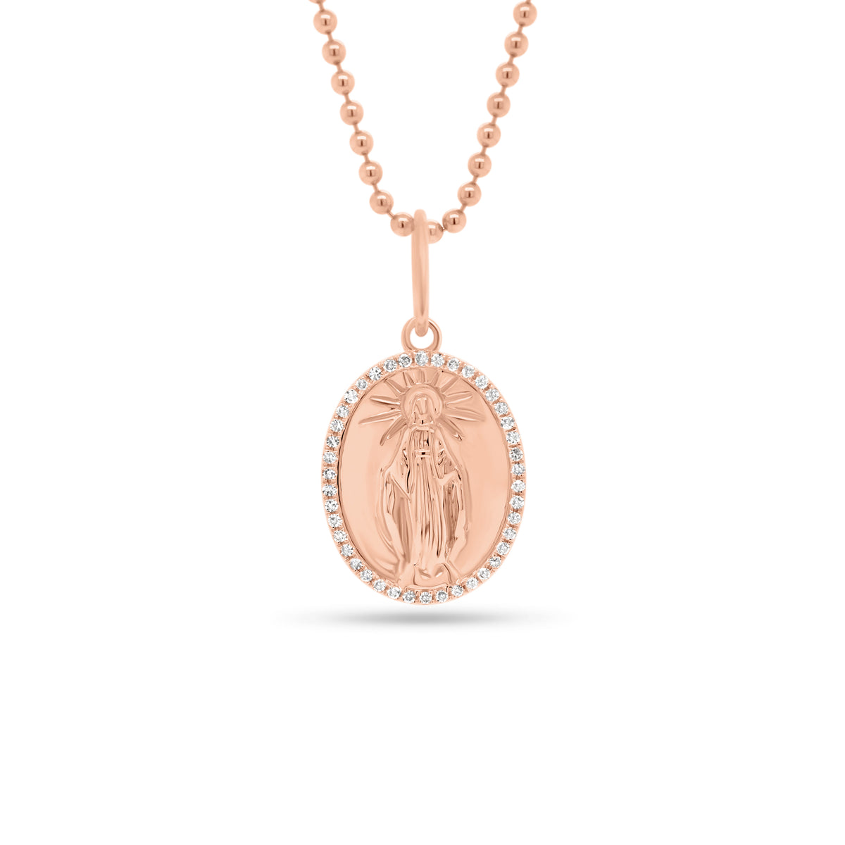 Diamond Mother Mary Pendant - 14K rose gold weighing 1.75 grams - 42 round diamonds totaling 0.11 carats