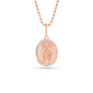 Diamond Mother Mary Pendant - 14K rose gold weighing 1.75 grams - 42 round diamonds totaling 0.11 carats
