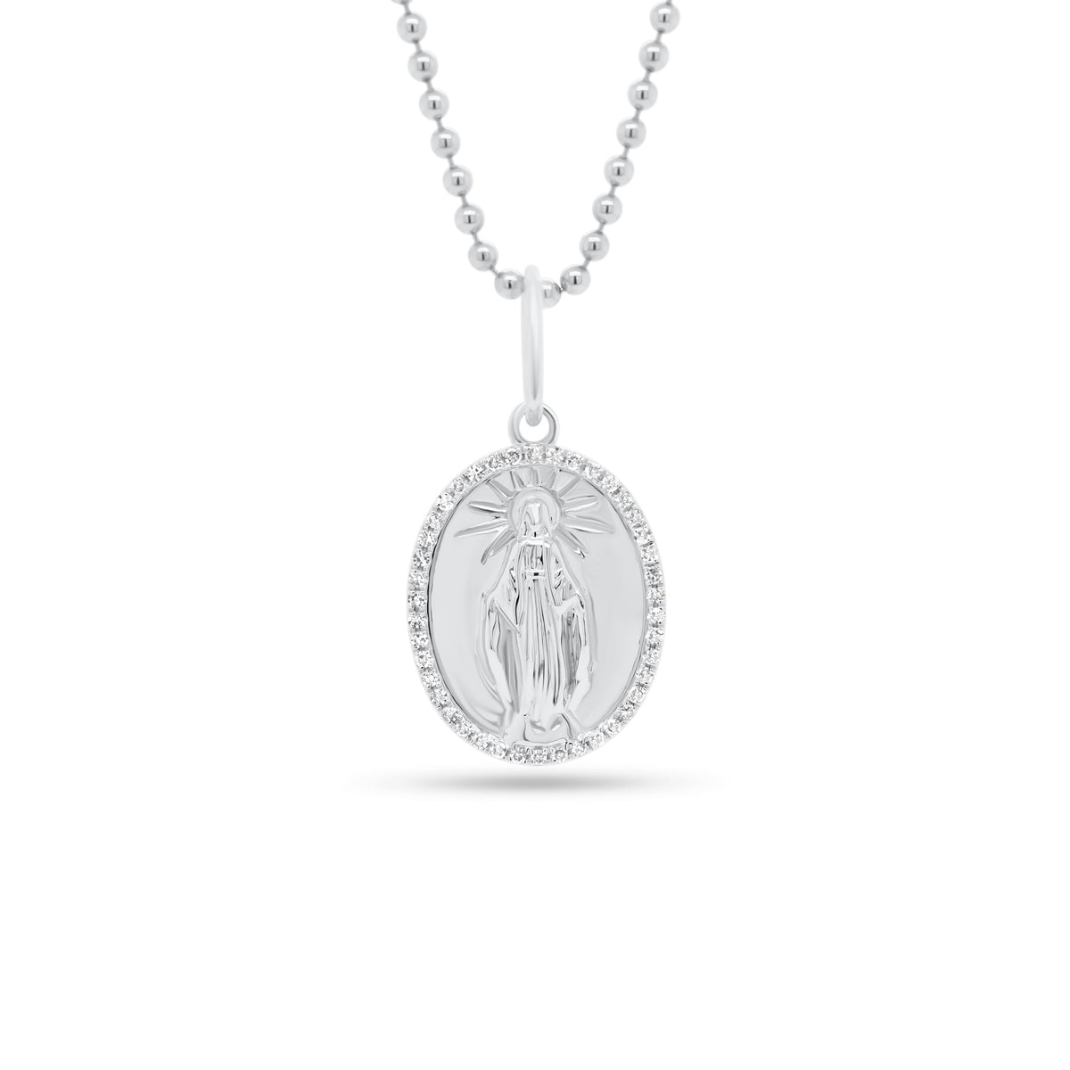 Diamond Mother Mary Pendant - 14K white gold weighing 1.75 grams - 42 round diamonds totaling 0.11 carats