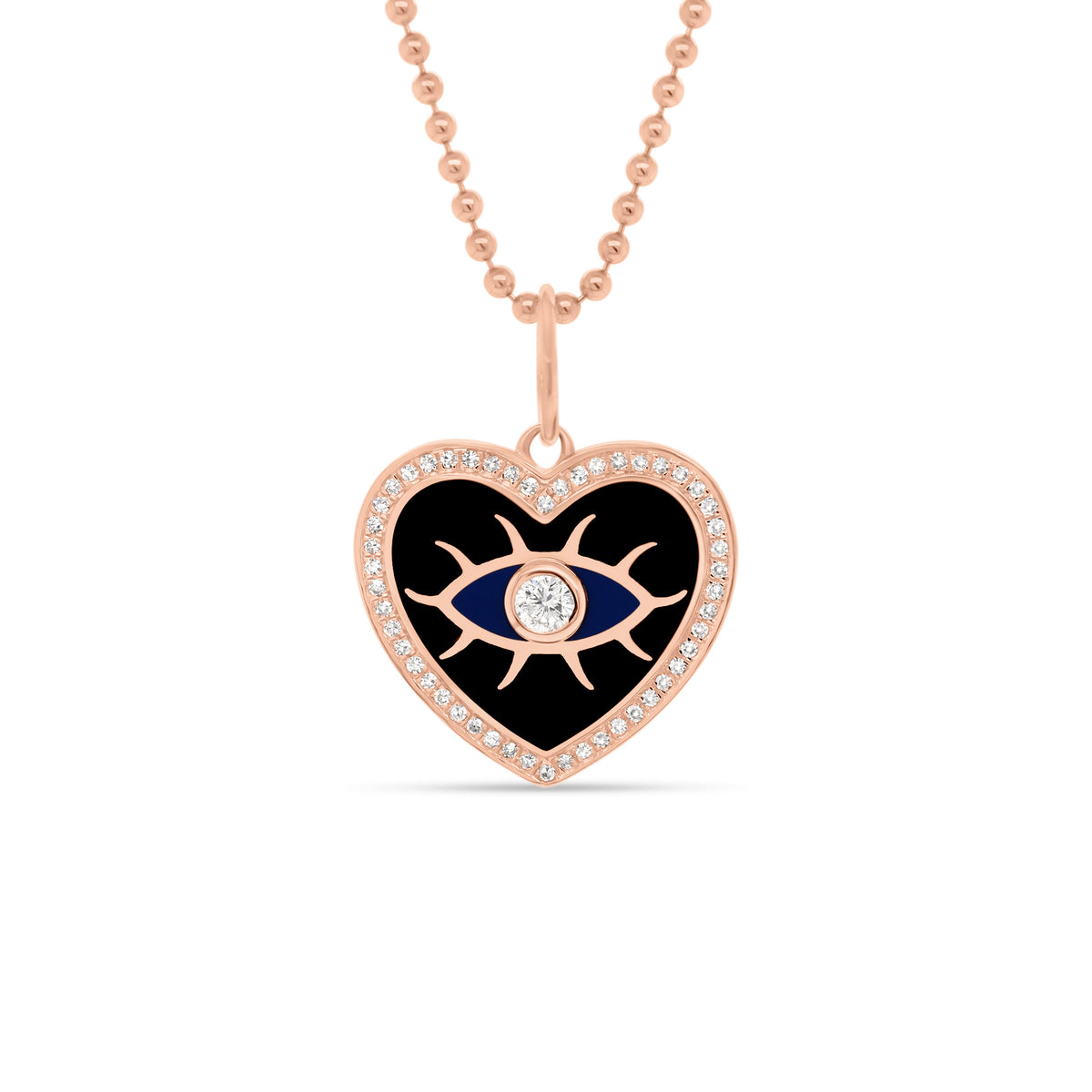 Diamond & Enamel Evil Eye Heart Pendant - 14K rose gold weighing 2.59 grams - 51 round diamonds totaling 0.22 carats
