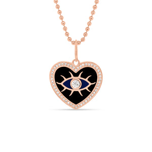 Diamond & Enamel Evil Eye Heart Pendant - 14K rose gold weighing 2.59 grams - 51 round diamonds totaling 0.22 carats