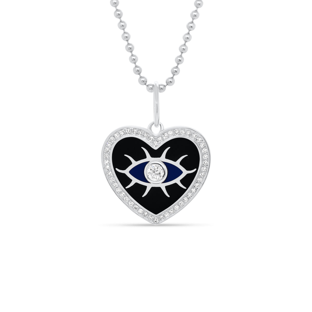 Diamond & Enamel Evil Eye Heart Pendant - 14K white gold weighing 2.59 grams - 51 round diamonds totaling 0.22 carats