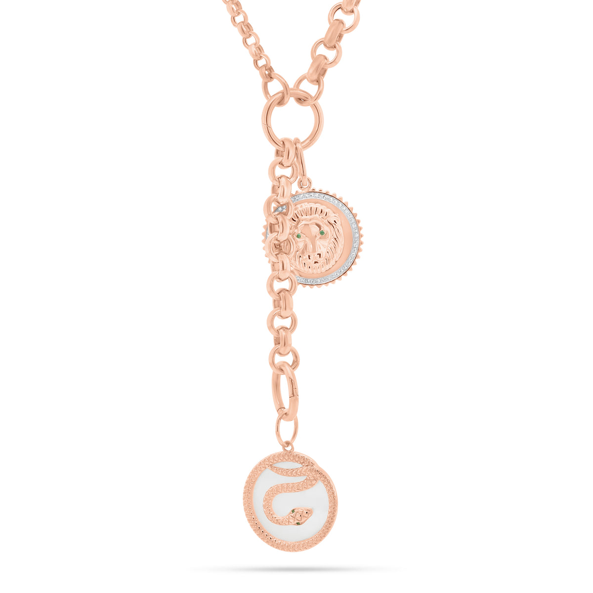 Diamond & Emerald Lion Pendant - 14K rose gold weighing 4.95 grams - 54 round diamonds totaling 0.15 carats - 2 emeralds totaling 0.01 carats