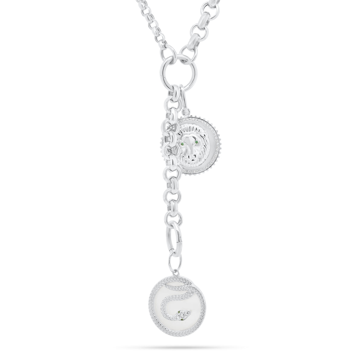 Diamond & Emerald Lion Pendant - 14K white gold weighing 4.95 grams - 54 round diamonds totaling 0.15 carats - 2 emeralds totaling 0.01 carats