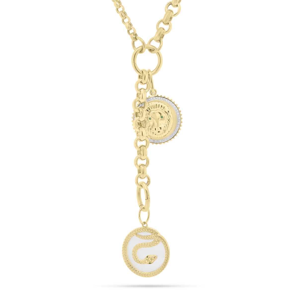 Diamond & Emerald Lion Pendant - 14K yellow gold weighing 4.95 grams - 54 round diamonds totaling 0.15 carats - 2 emeralds totaling 0.01 carats