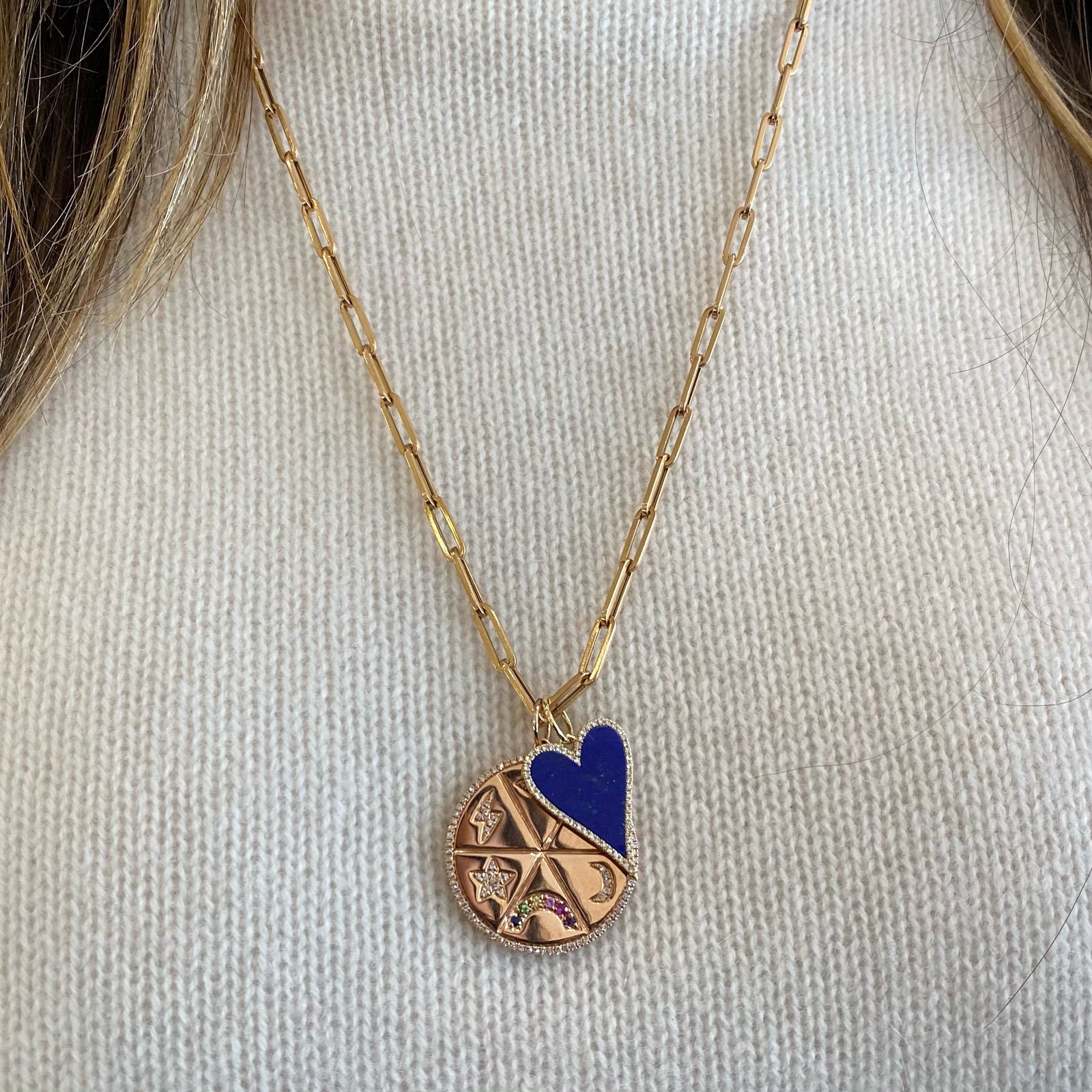 Lapis & Diamond Heart Pendant - 14K gold weighing 1.30 grams - 58 round diamonds totaling 0.15 carats - Lapis. Available in yellow, white, and rose gold.
