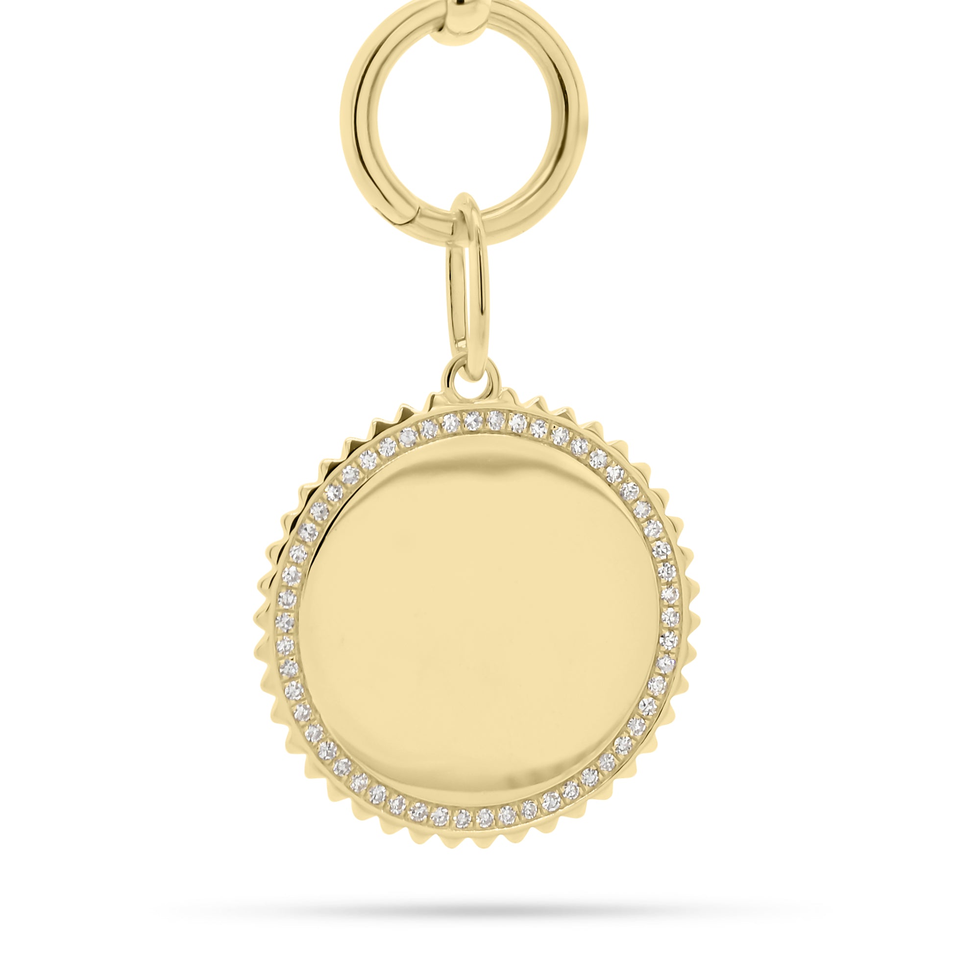Diamond & Gold Disc Pendant with Grooved Frame - 14K yellow gold weighing 4.49 grams  - 54 round diamonds totaling 0.20 carats