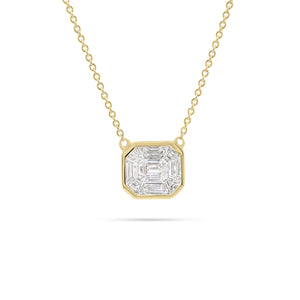 Emerald-Cut Diamond Cluster Necklace  - 18K gold weighing 2.23 grams  - 0.22 ct emerald-cut diamond  - 8 baguette diamonds totaling 0.37 carats