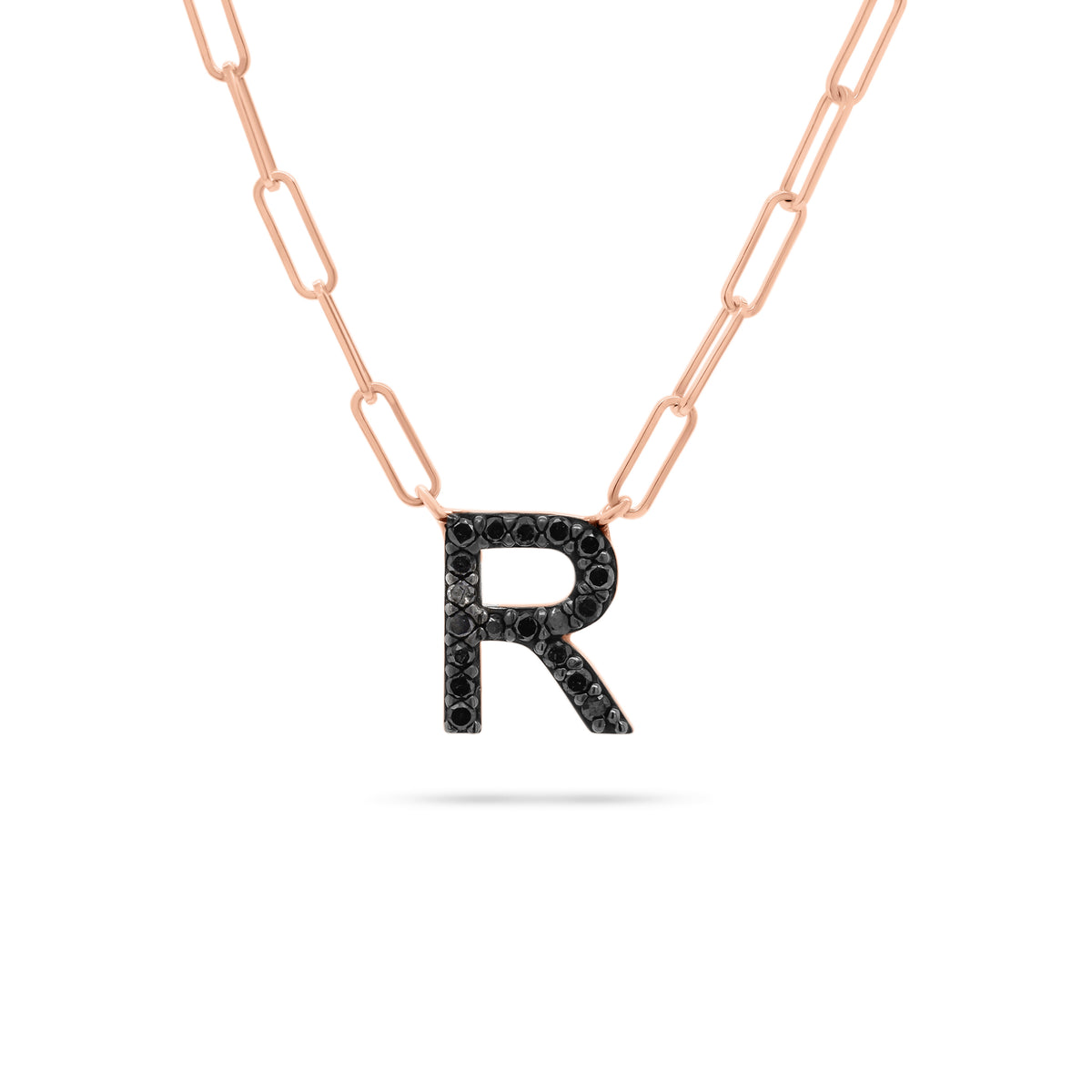 Black Diamond Initial Pendant on Paperclip Chain  - 14K 3.3GR gold   - 19 Black round diamonds totaling 0.22 carats.