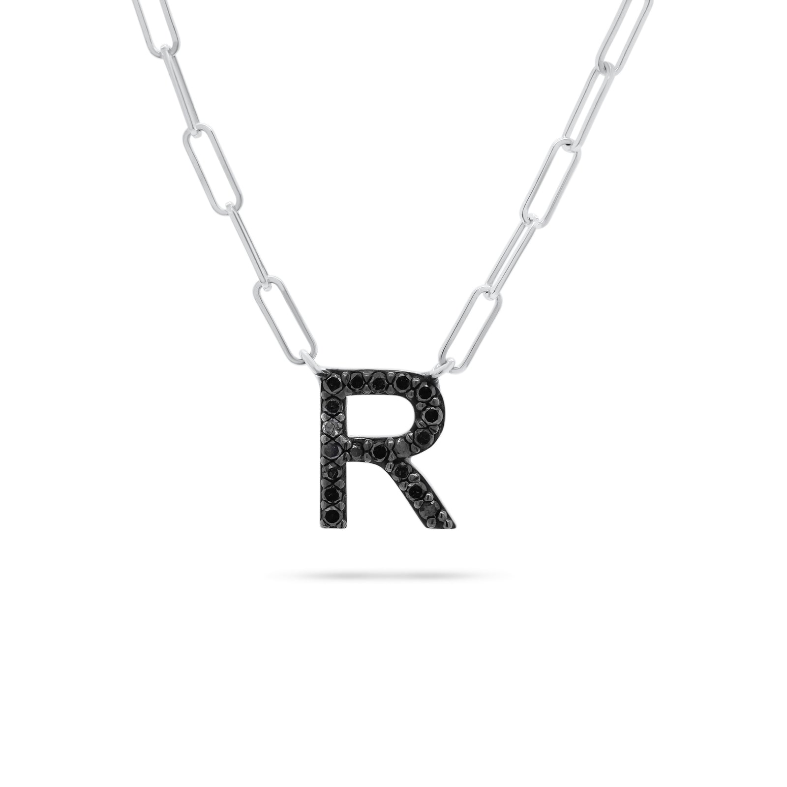Black Diamond Initial Pendant on Paperclip Chain  - 14K 3.3GR gold   - 19 Black round diamonds totaling 0.22 carats.