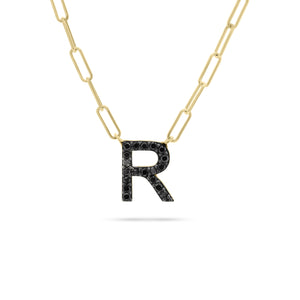 Black Diamond Initial Pendant on Paperclip Chain - 14K 3.3GR gold - 19 Black round diamonds totaling 0.22 carats.