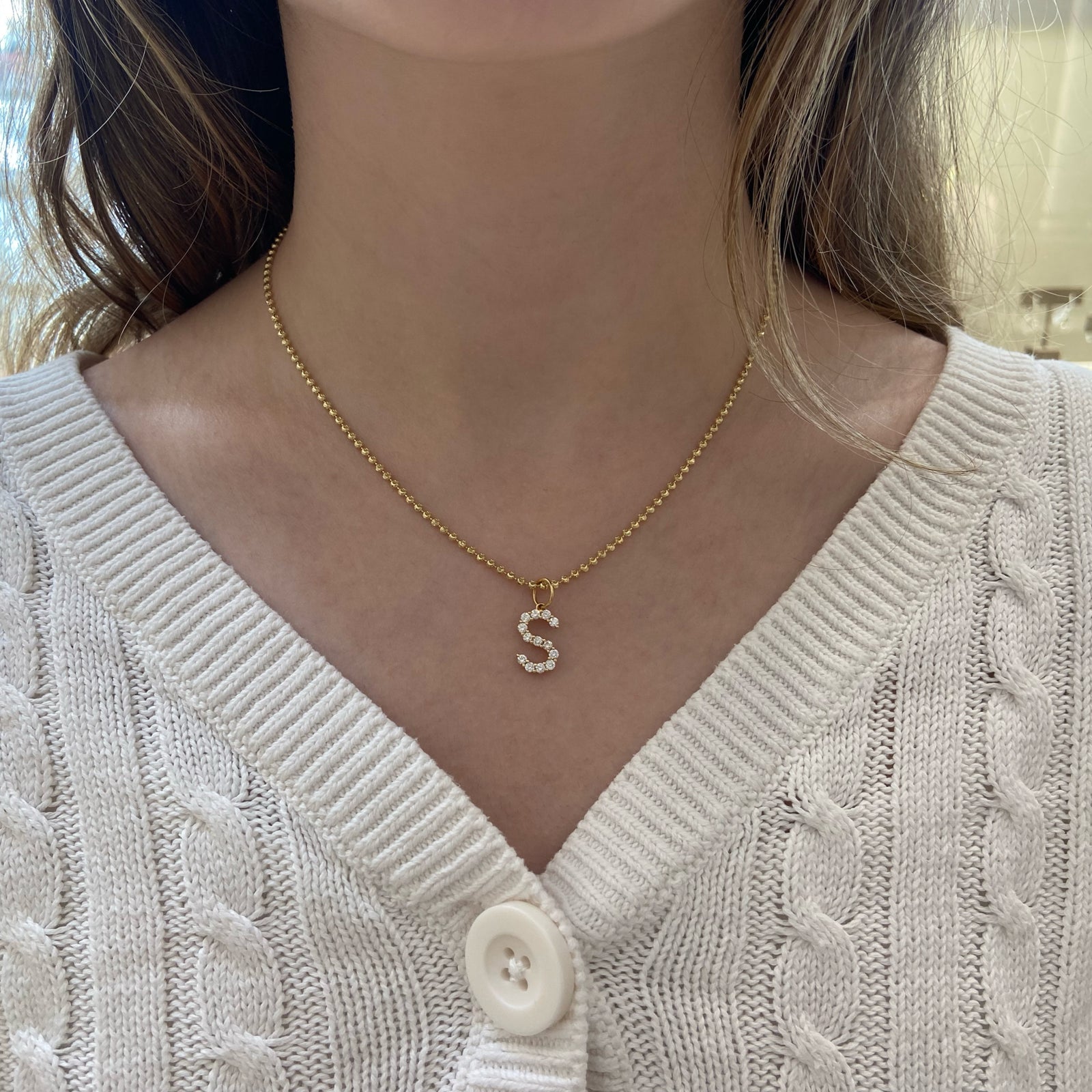 Prong-Set Diamond Initial Pendant - 14K yellow gold weighing 1.25 grams  - 21 round diamonds weighing 0.85 carats