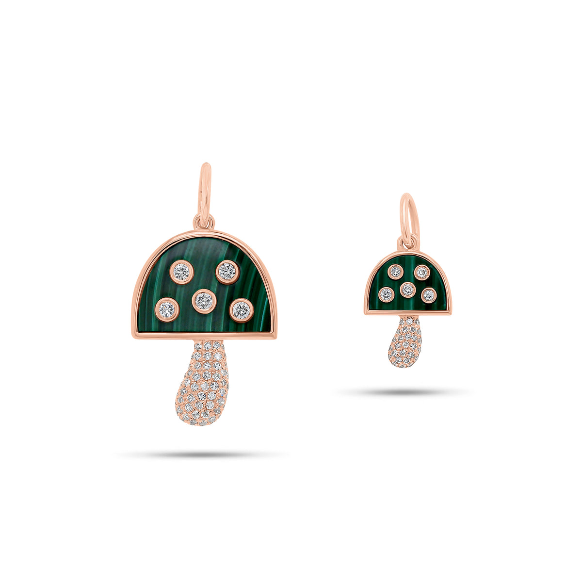 Small Diamond & Malachite Mushroom Pendant - 14K rose gold weighing 0.77 grams - 32 round diamonds weighing 0.08 carats - 0.41 ct malachite