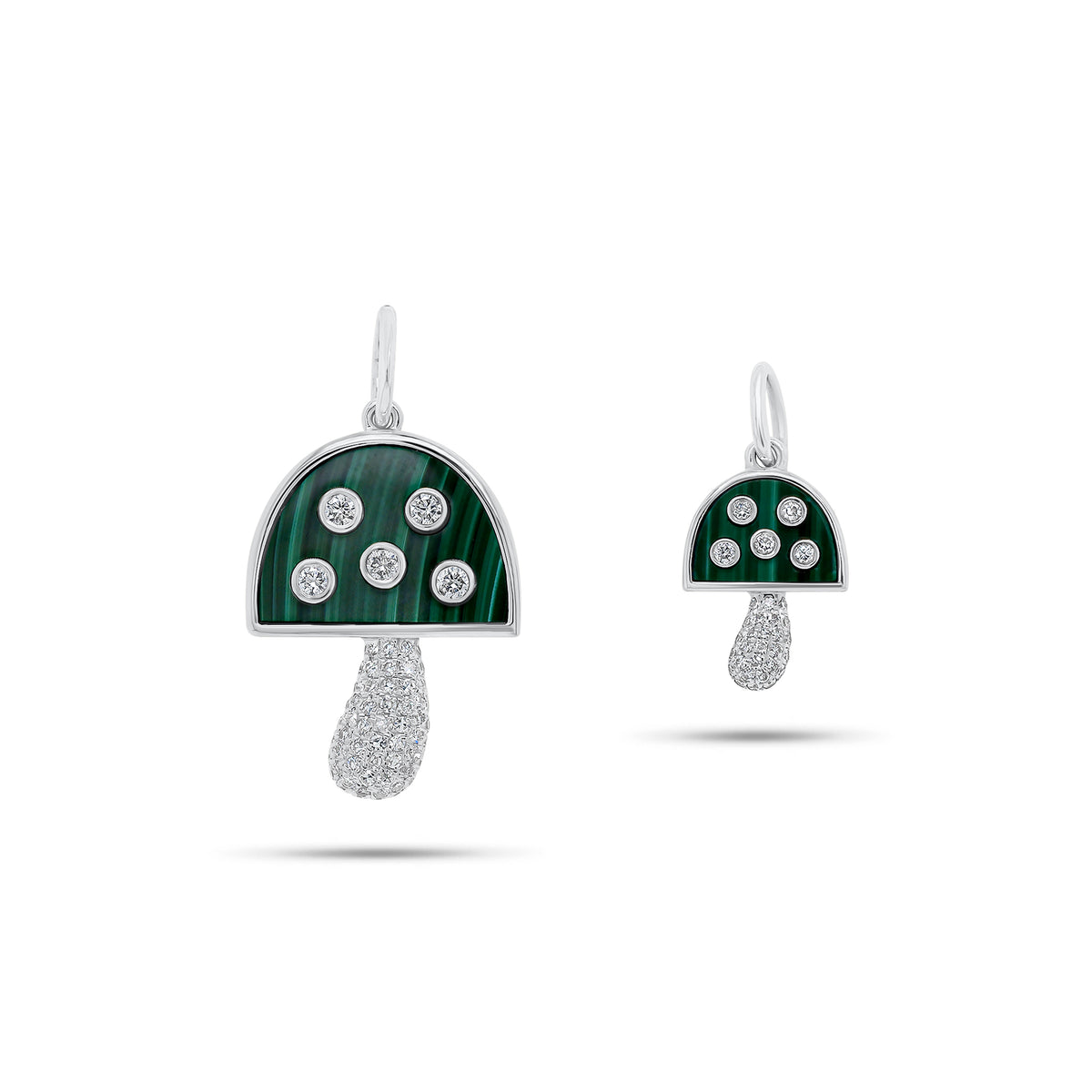 Large Diamond & Malachite Mushroom Pendant - 14K white gold weighing 2.11 grams - 62 round diamonds weighing 0.28 carats