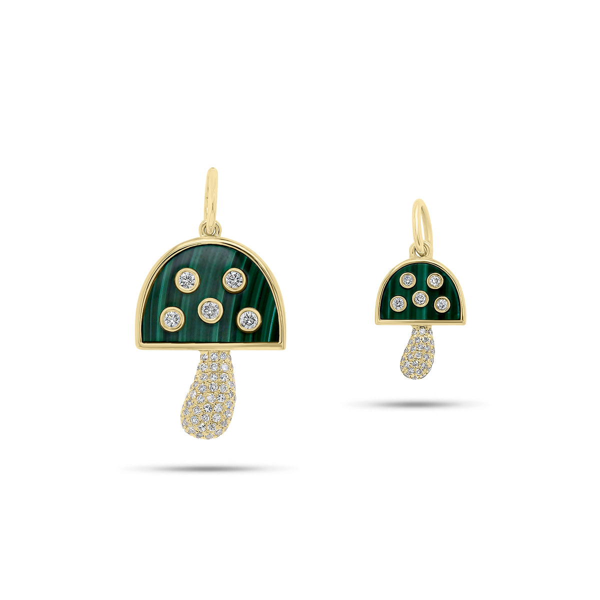 Large Diamond & Malachite Mushroom Pendant - 14K yellow gold weighing 2.11 grams - 62 round diamonds weighing 0.28 carats