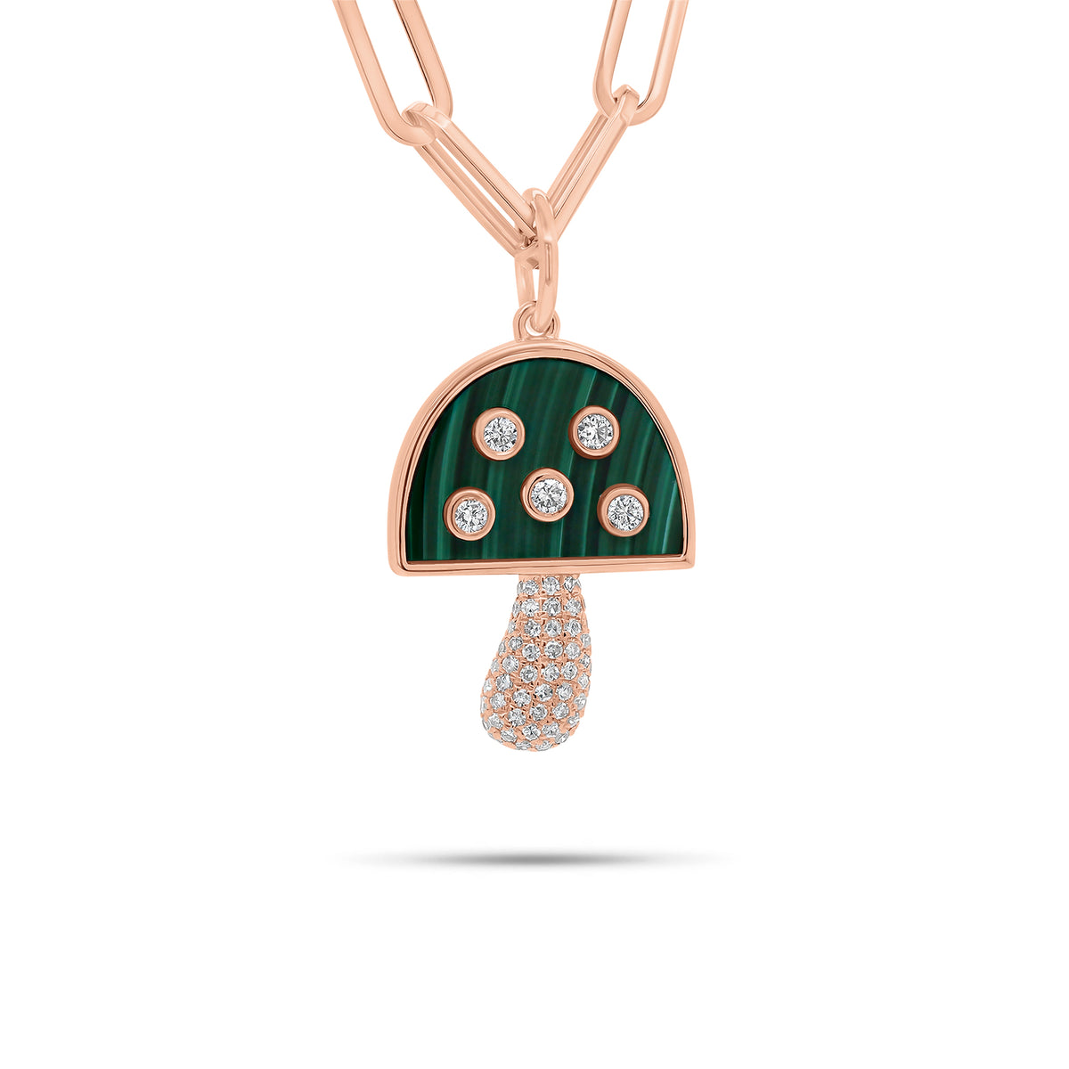 Diamond and Malachite Mushroom Pendant - 14K gold weighing 2.11 grams  - 62 round diamonds weighing 0.28 carats