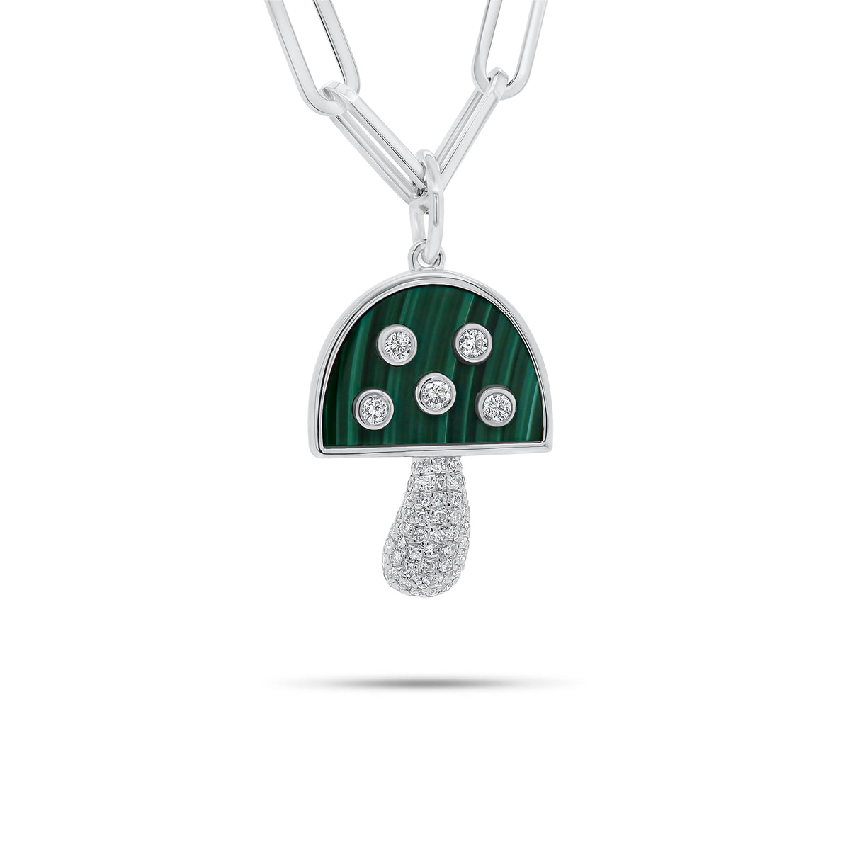 Diamond and Malachite Mushroom Pendant - 14K gold weighing 2.11 grams  - 62 round diamonds weighing 0.28 carats