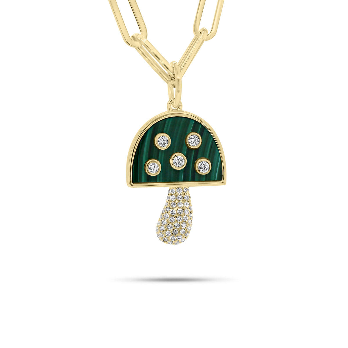Large Diamond & Malachite Mushroom Pendant - 14K yellow gold weighing 2.11 grams - 62 round diamonds weighing 0.28 carats