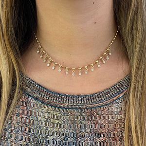 Female Model Wearing Diamond Bezels Drip Necklace  - 14K gold weighing 17.90 grams  - 15 round diamonds totaling 0.86 carats