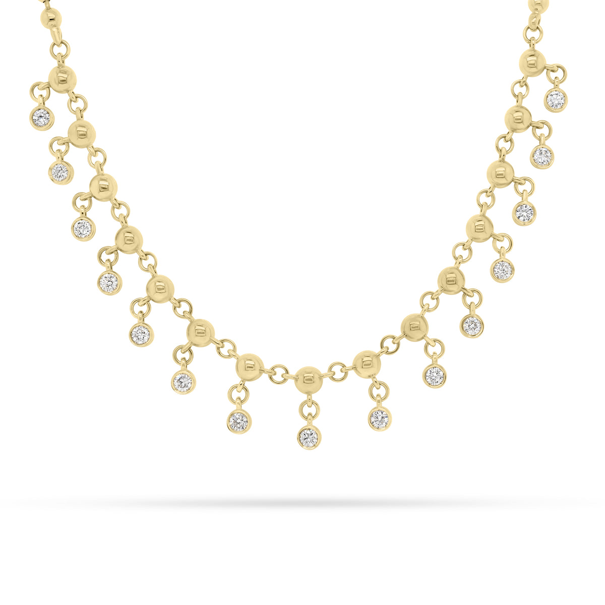 Diamond Bezels Drip Necklace  - 14K gold weighing 17.90 grams  - 15 round diamonds totaling 0.86 carats