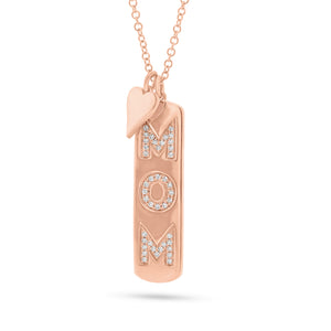Diamond “Mom” Dog Tag And Tiny Heart  Pendant  - 14K gold  - diamonds totaling 0.10 carats
