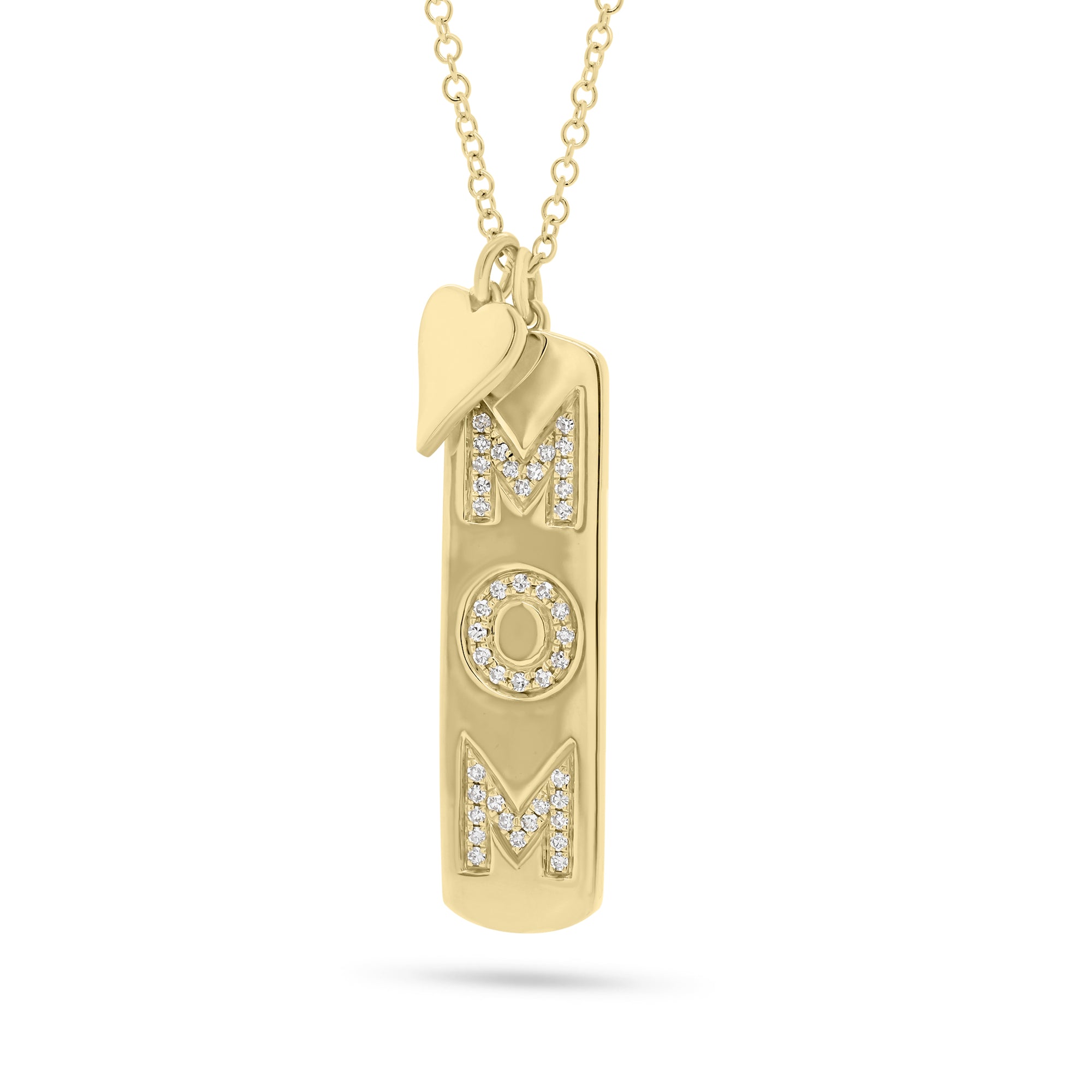 Diamond “Mom” Dog Tag And Tiny Heart  Pendant  - 14K gold  - diamonds totaling 0.10 carats