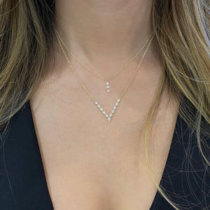 Female Model Wearing Pear-Shaped Diamond “V” Bar Necklace  - 14K gold  - diamonds totaling 0.83 carats